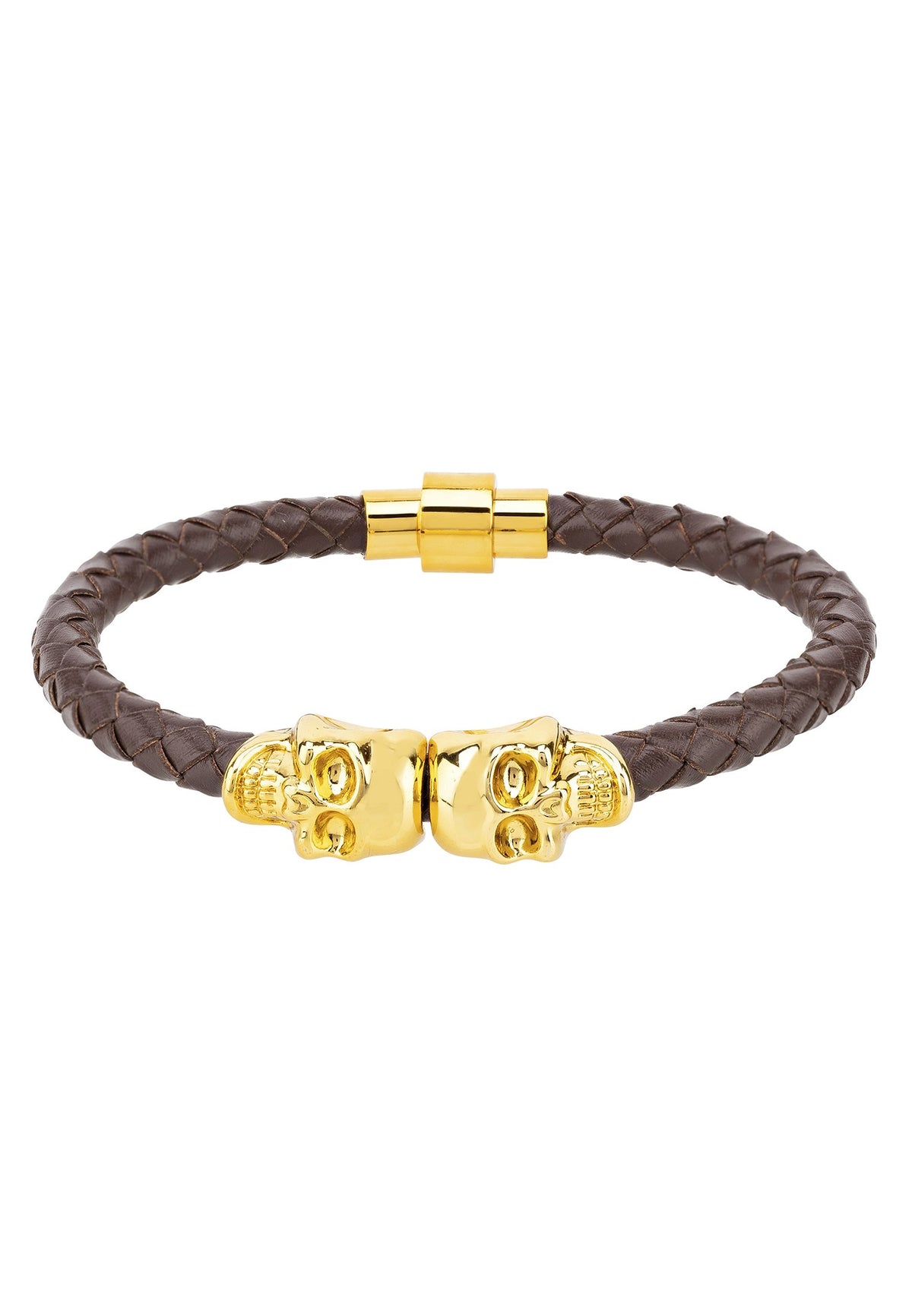 Skull Brown Leather Bracelet Gold