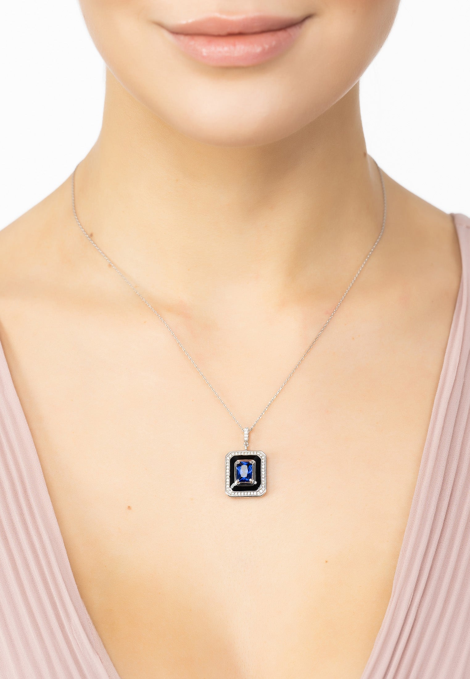 Deco Sapphire & Enamel Necklace Silver