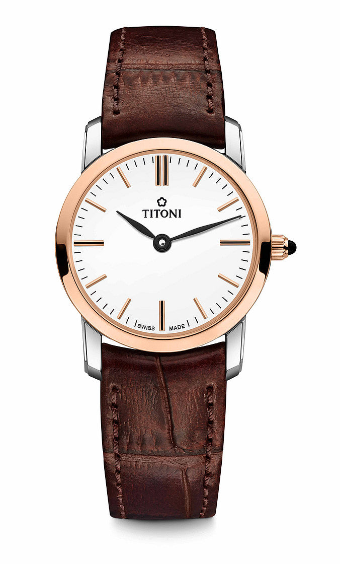 TITONI Slenderline Quartz Two Tone Ladies Leather Watch TQ 42918 S-SRG-ST-583