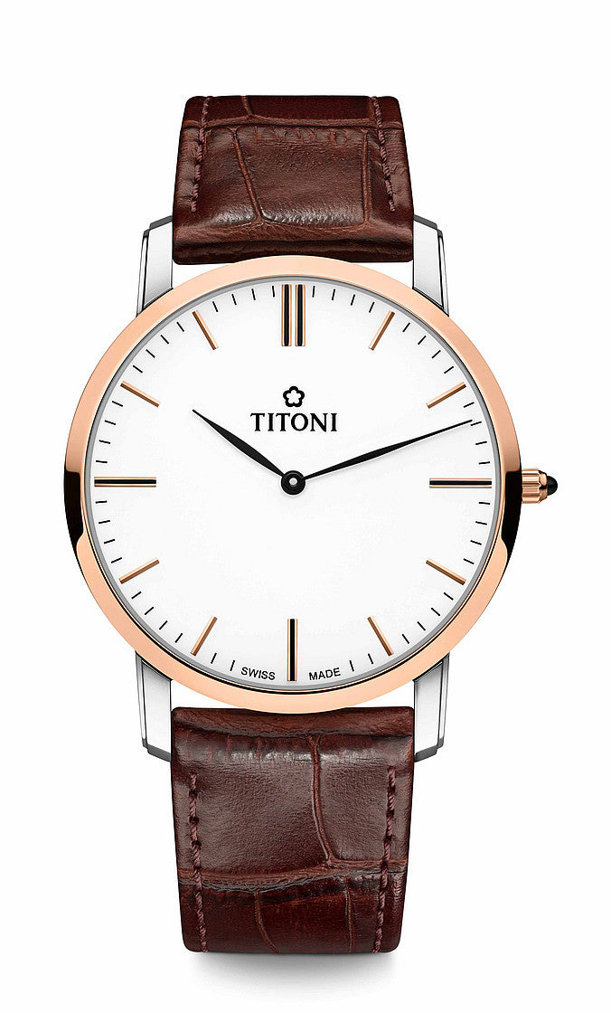 TITONI Slenderline Quartz Two Tone Men's Leather Watch TQ 52918 SRG-ST-583