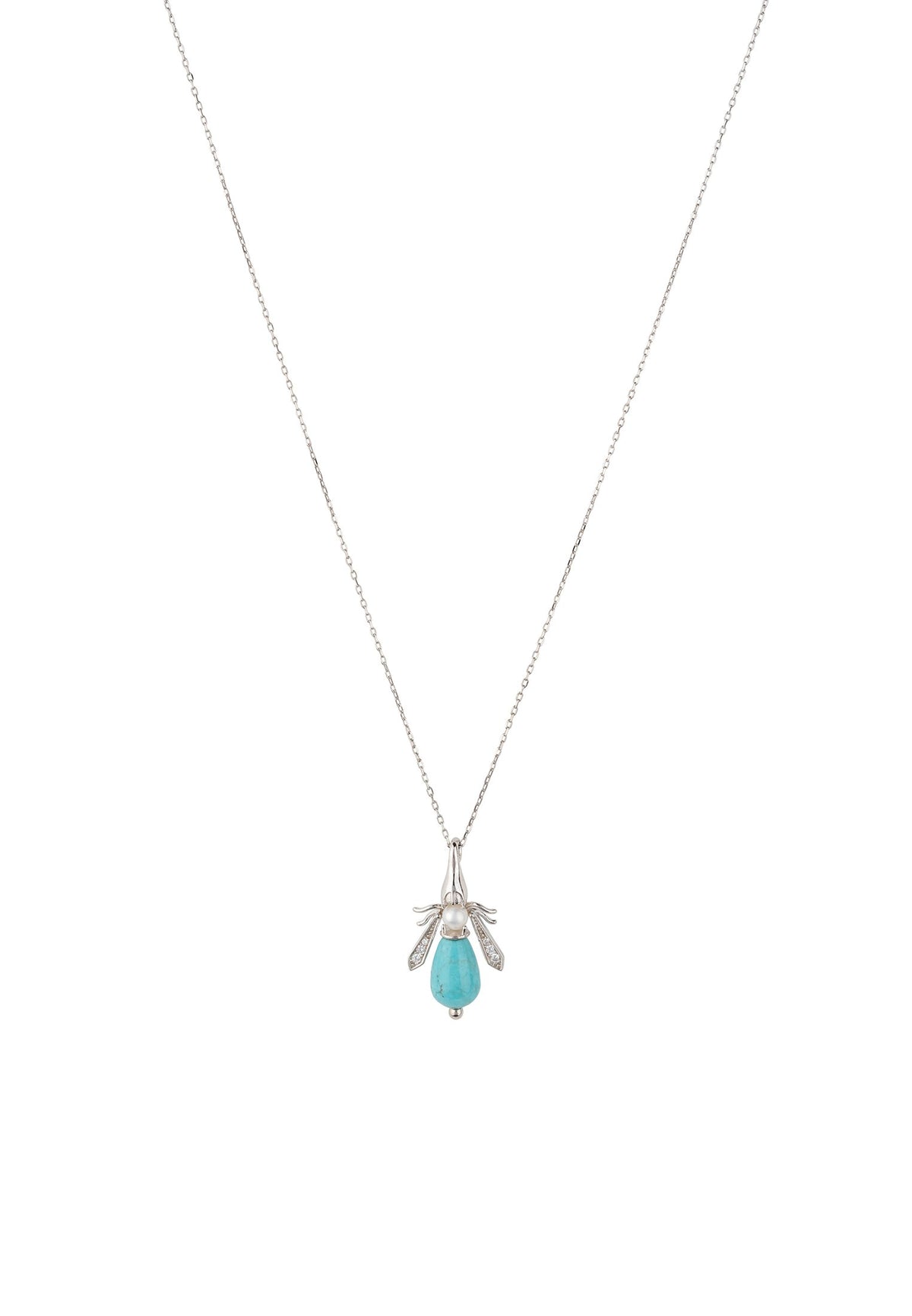 Turquoise &amp; Pearl Honey Bee Necklace Silver