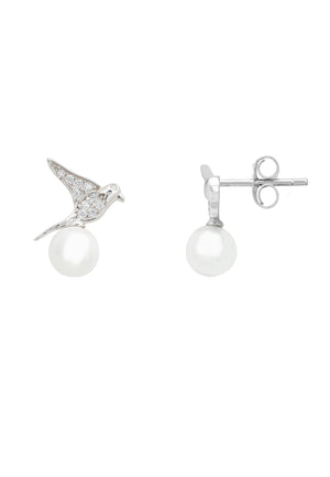 Swallows and Pearl Stud Earring Silver