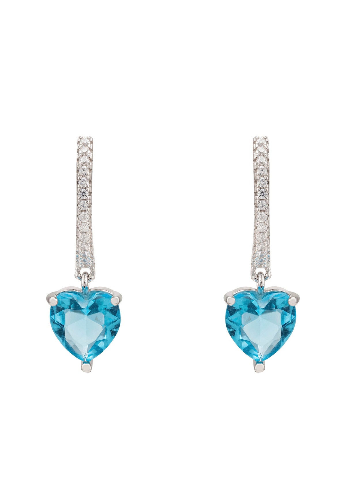 Heart Huggie Hoop Earrings Silver Blue Topaz