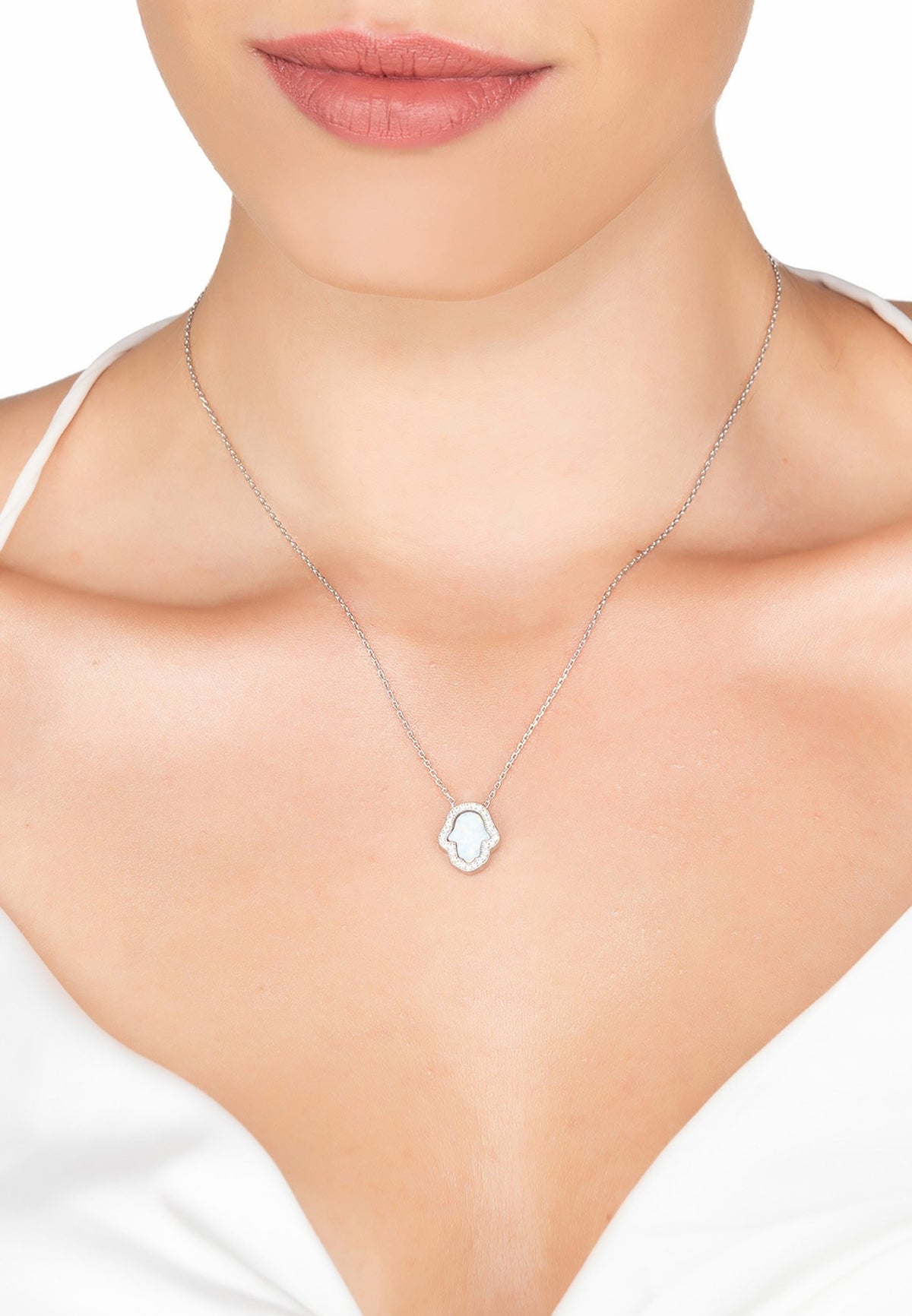 Hamsa Opalite Necklace White Silver