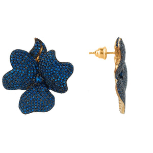 Flower Large Stud Earrings Gold Sapphire Blue