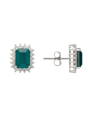 Elena Gemstone Stud Earrings Emerald Silver