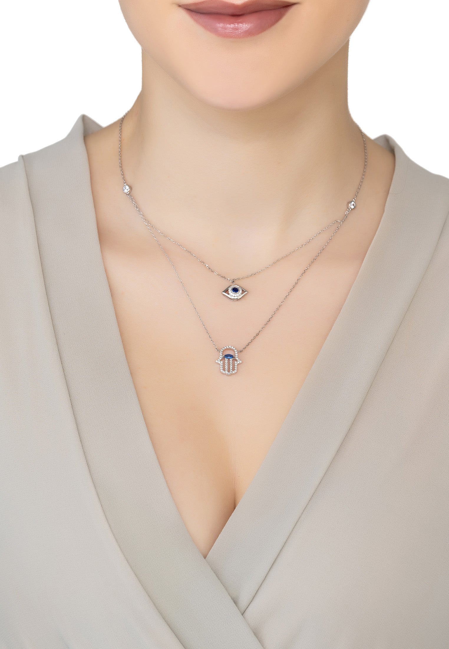 Hamsa Hand and Evil Eye Layered Necklace Silver