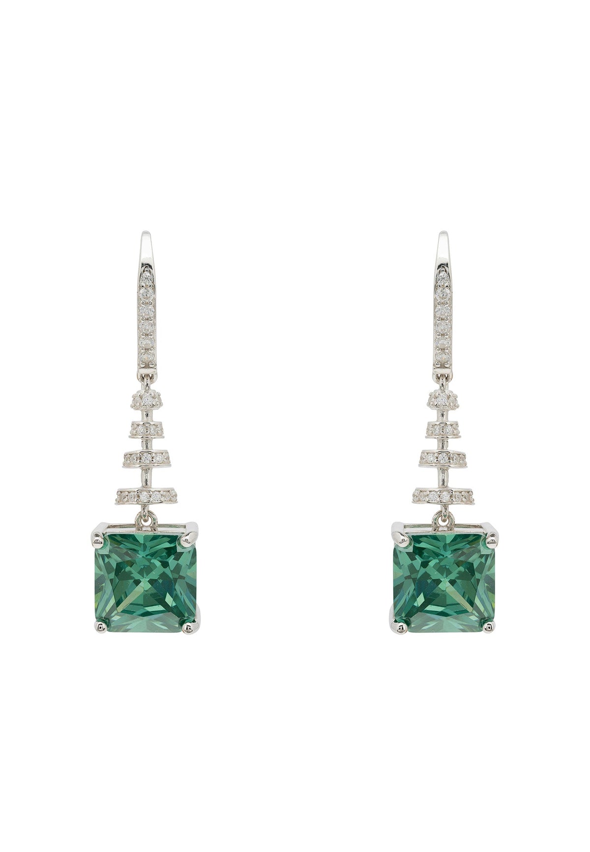 Spiral Square Crystal Drop Earrings Emerald Green Silver