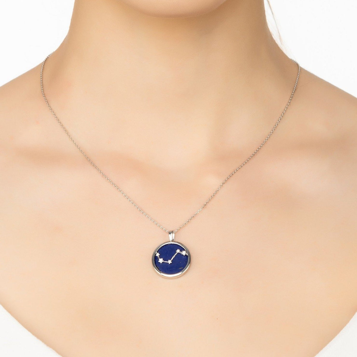 Zodiac Lapis Lazuli Gemstone Star Constellation Pendant Necklace Silver Aries