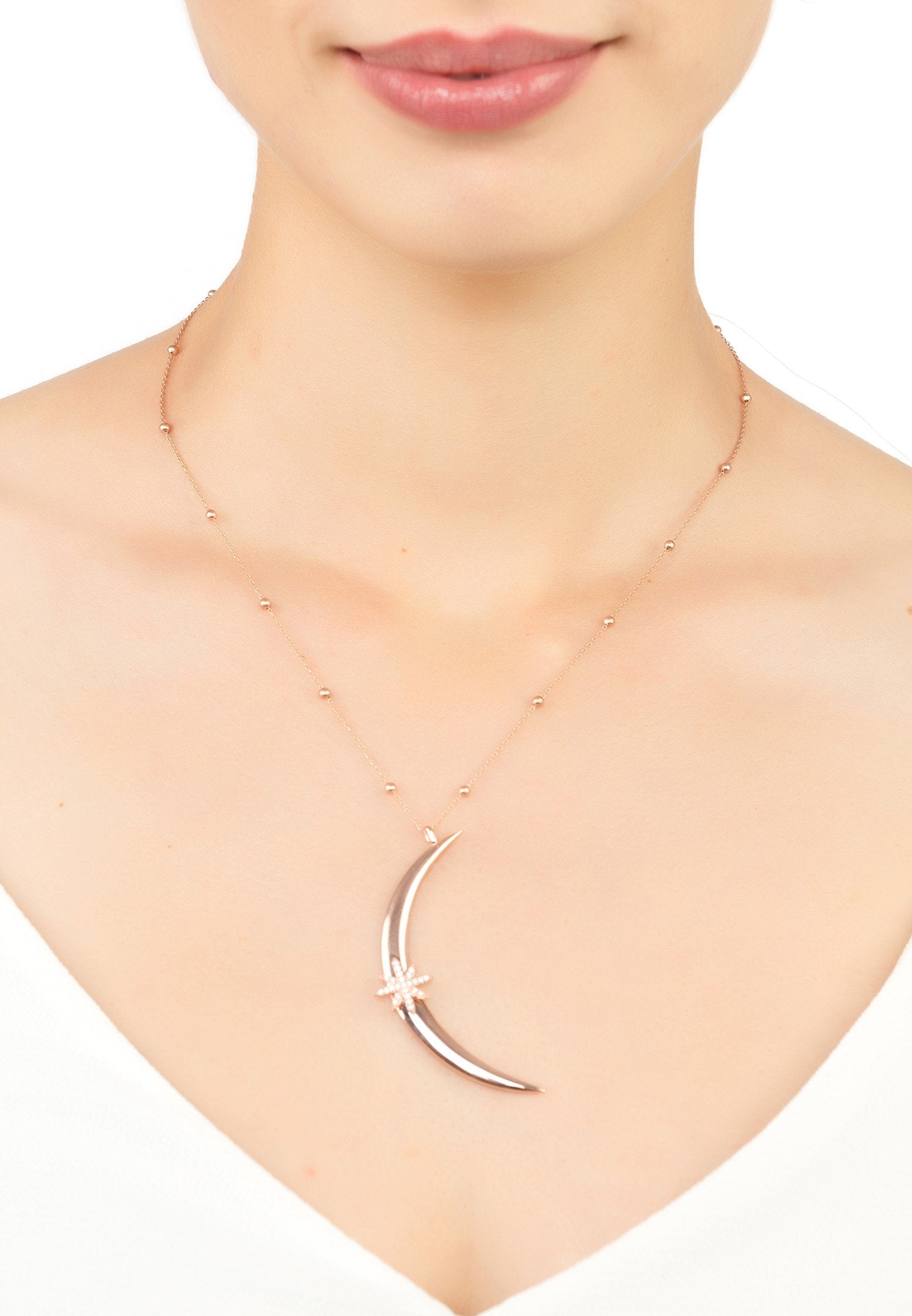 Moon Crescent Star Necklace Beaded Chain Rosegold