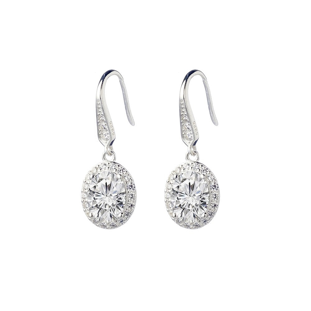 Sterling Silver Oval Shape CZ Halo Dangle Earrings E1044