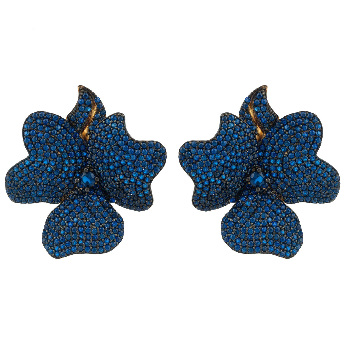 Flower Large Stud Earrings Gold Sapphire Blue