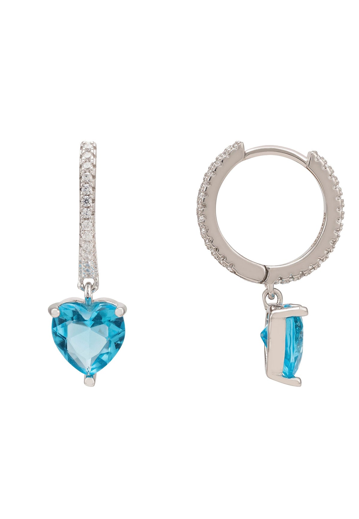 Heart Huggie Hoop Earrings Silver Blue Topaz