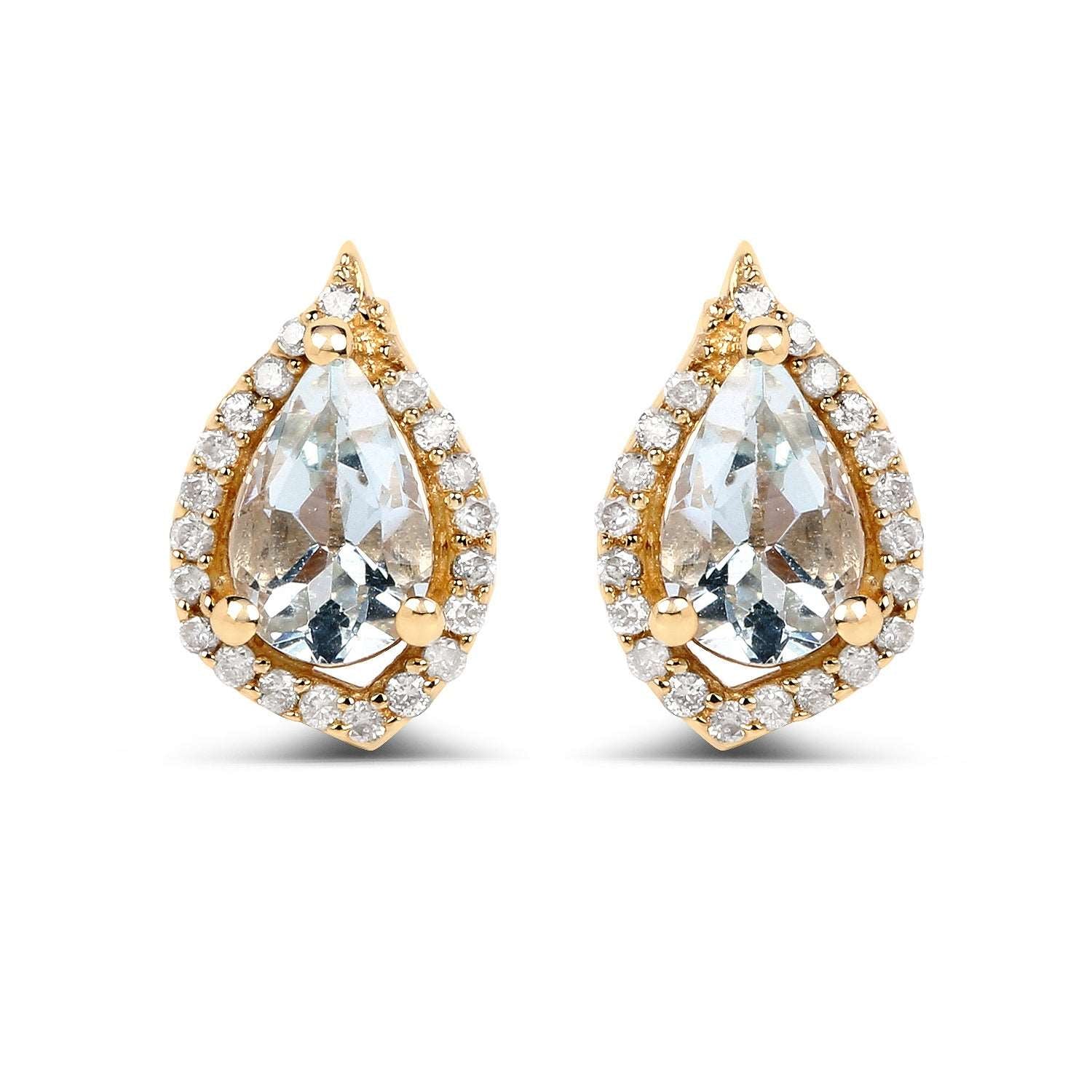 14K Yellow Gold 0.83 Carat Genuine Aquamarine and White Diamond Earrings