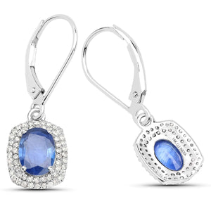 14K White Gold 2.36 Carat Genuine Blue Sapphire and White Diamond Earrings