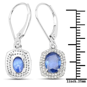 14K White Gold 2.36 Carat Genuine Blue Sapphire and White Diamond Earrings