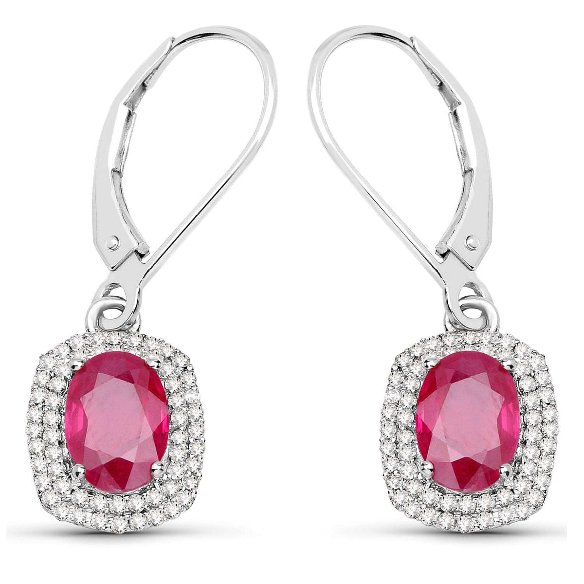14K White Gold 2.26 Carat Genuine Ruby and White Diamond Earrings