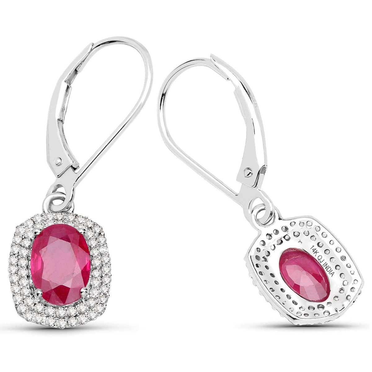 14K White Gold 2.26 Carat Genuine Ruby and White Diamond Earrings