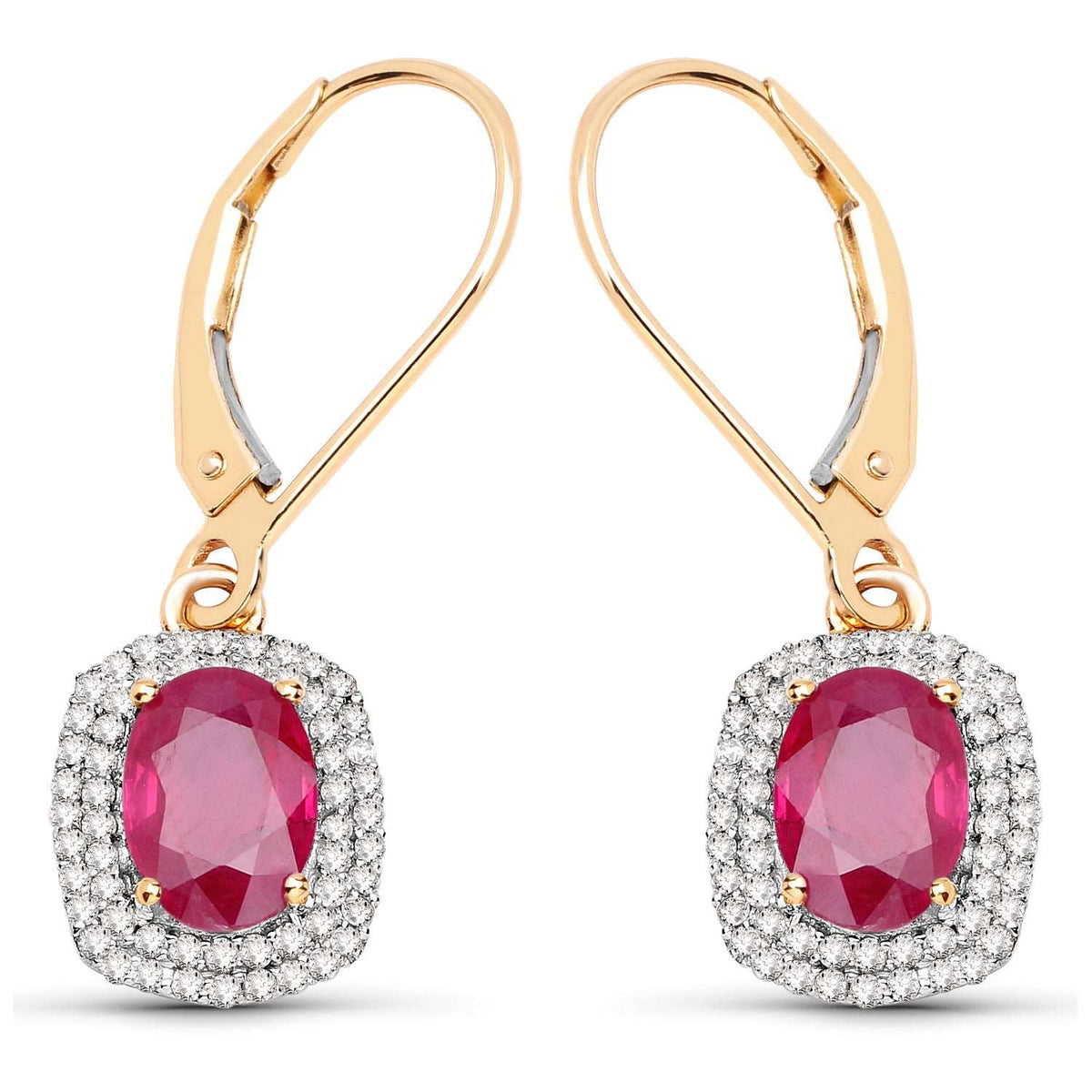 14K Yellow Gold 2.26 Carat Genuine Ruby and White Diamond Earrings