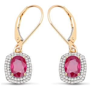 14K Yellow Gold 2.26 Carat Genuine Ruby and White Diamond Earrings