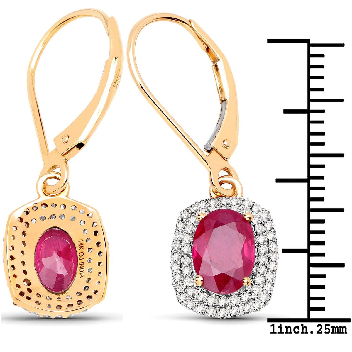 14K Yellow Gold 2.26 Carat Genuine Ruby and White Diamond Earrings