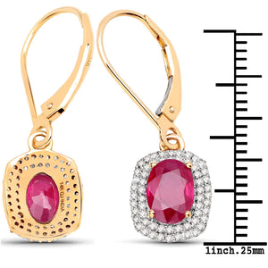 14K Yellow Gold 2.26 Carat Genuine Ruby and White Diamond Earrings