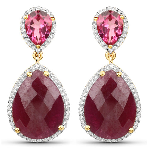 18K Yellow Gold Plated Pear Shaped Ruby and White Topaz Earrings