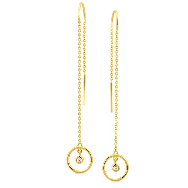 9K Yellow Gold Diamond Bezel Set Thread Earrings