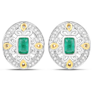 14K Yellow Gold with .925 Sterling Silver 0.69 Carat Genuine Zambian Emerald and White Diamond Earrings