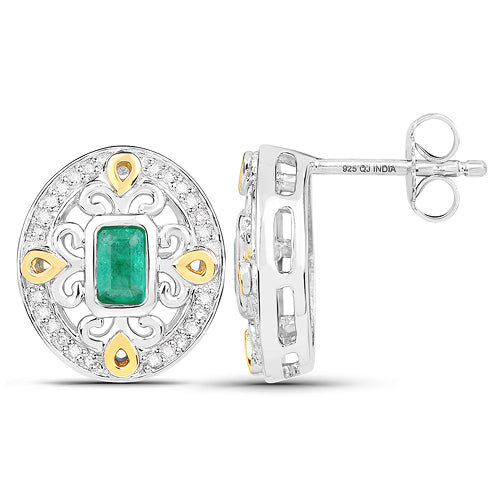 14K Yellow Gold with .925 Sterling Silver 0.69 Carat Genuine Zambian Emerald and White Diamond Earrings