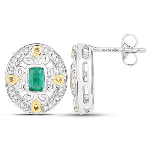 14K Yellow Gold with .925 Sterling Silver 0.69 Carat Genuine Zambian Emerald and White Diamond Earrings
