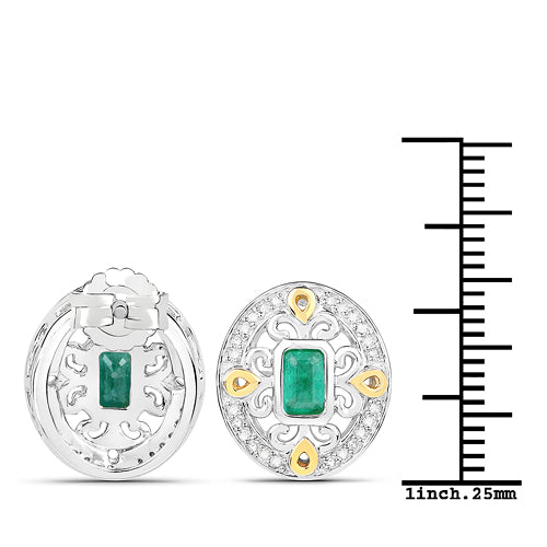 14K Yellow Gold with .925 Sterling Silver 0.69 Carat Genuine Zambian Emerald and White Diamond Earrings