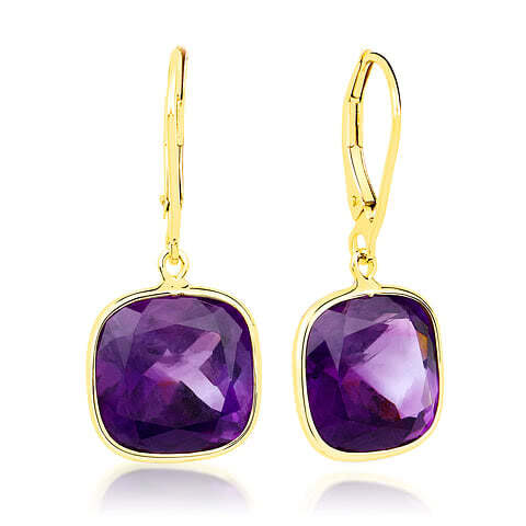 9K Yellow Gold Cushion Cut Amethyst Drop Earrings 12x12mm