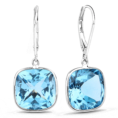 9K White Gold Cushion Cut Blue Topaz Drop Earrings 12x12mm