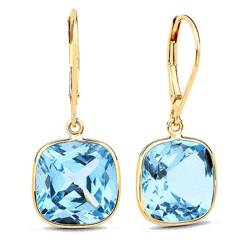 9K Yellow Gold Cushion Cut Topaz Drop Earrings 12x12mm