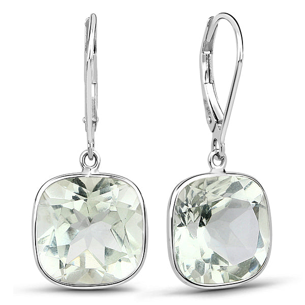 9K White Gold Cushion Cut Green Amethyst Drop Earrings 12x12mm