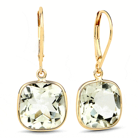 9K Yellow Gold Cushion Cut Green Amethyst Drop Earrings 12x12mm