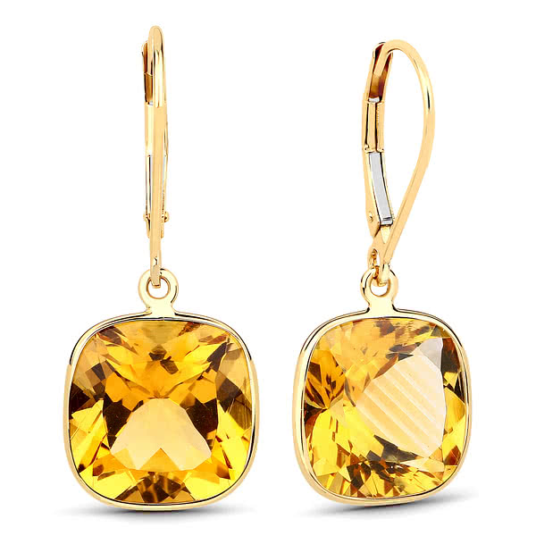 9K Yellow Gold Cushion Cut Citrine Drop Earrings 12x12mm