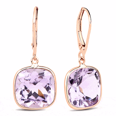 9K Rose Gold Cushion Cut Amethyst Drop Earrings 12x12mm