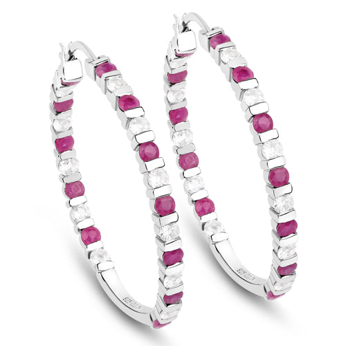 Sterling Silver Ruby & White Topaz Hoop Earrings