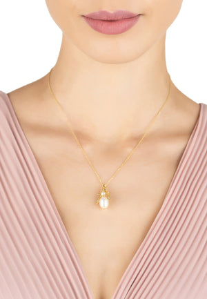 Pearl Gemstone Bee Pendant Necklace Gold
