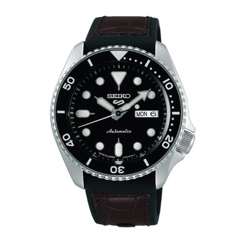 Seiko 5 Sports (Japan Made) Automatic Black & Brown Silicone Leather Strap Watch SBSA027