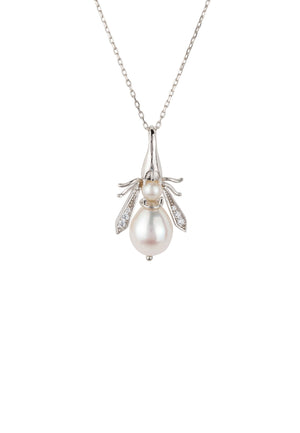 Pearl Gemstone Honey Bee Pendant Necklace Silver