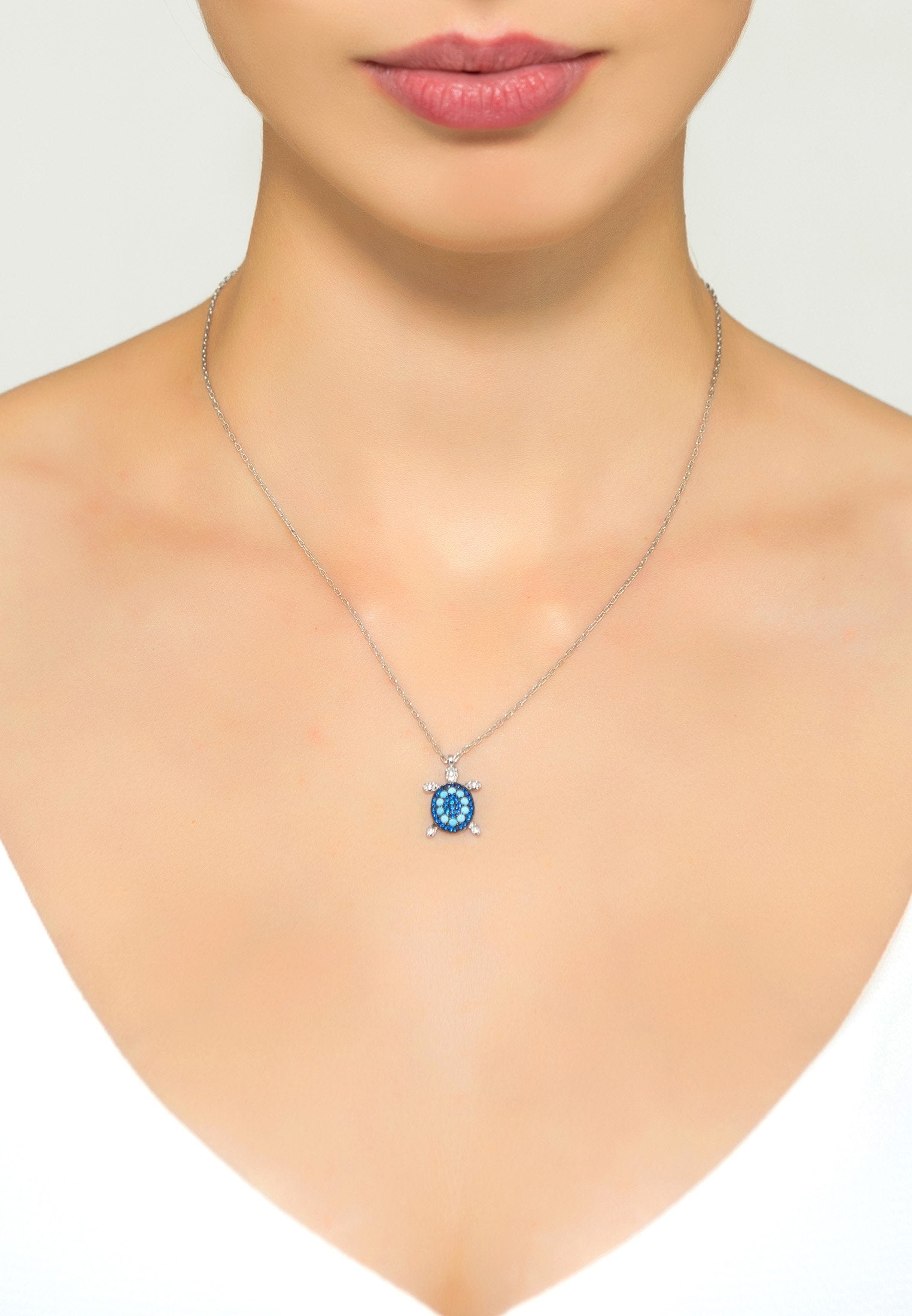 Turtle Turquoise Blue Pendant Necklace Silver