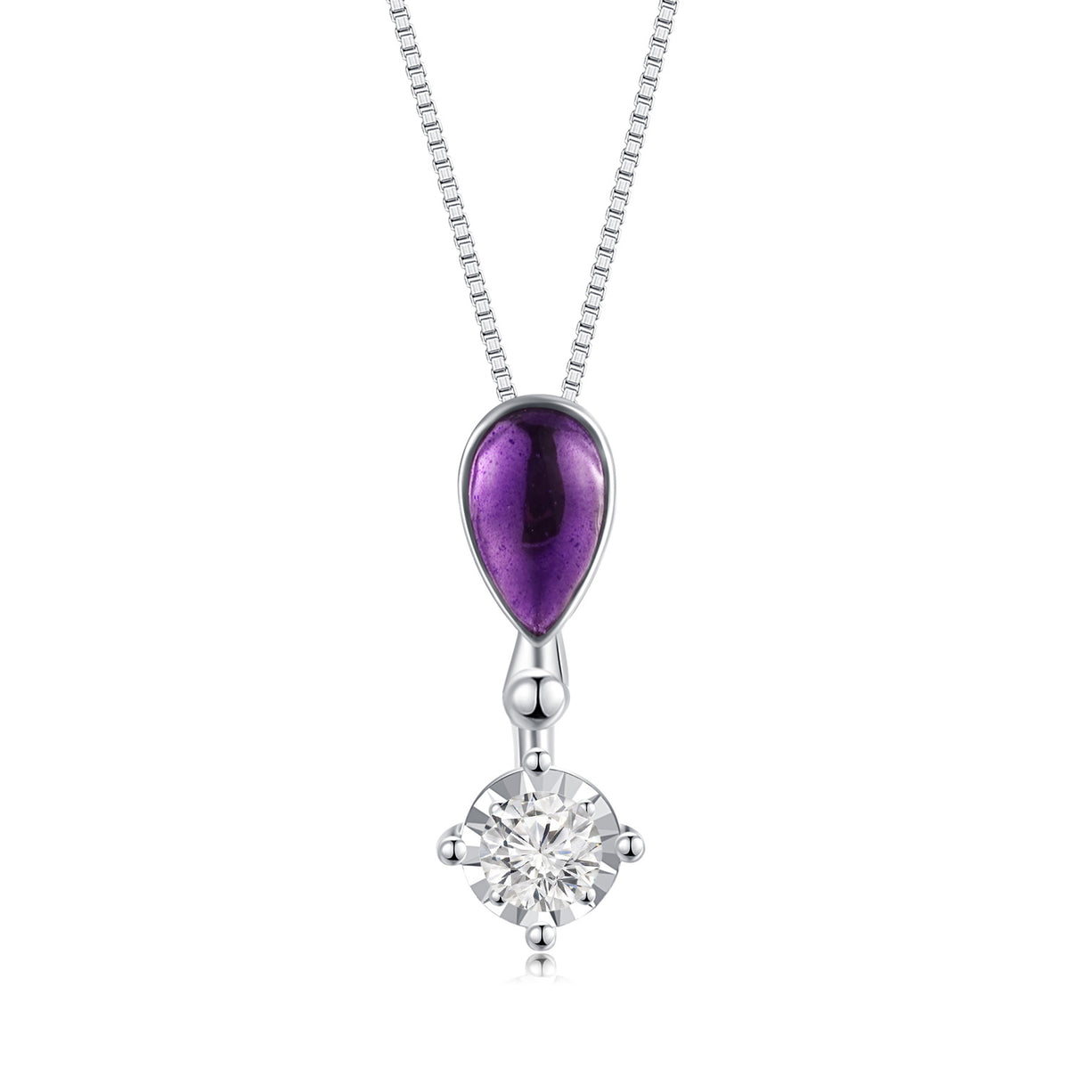 18K White Gold Amethyst Cabochon &amp; Diamond Pendant
