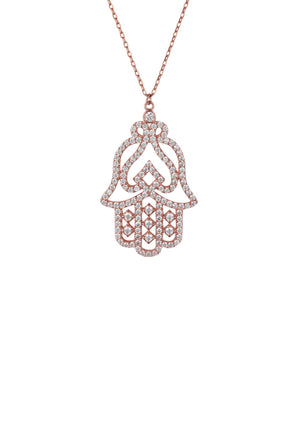 Large Hand of Fatima Filigree Hamsa Necklace Rosegold