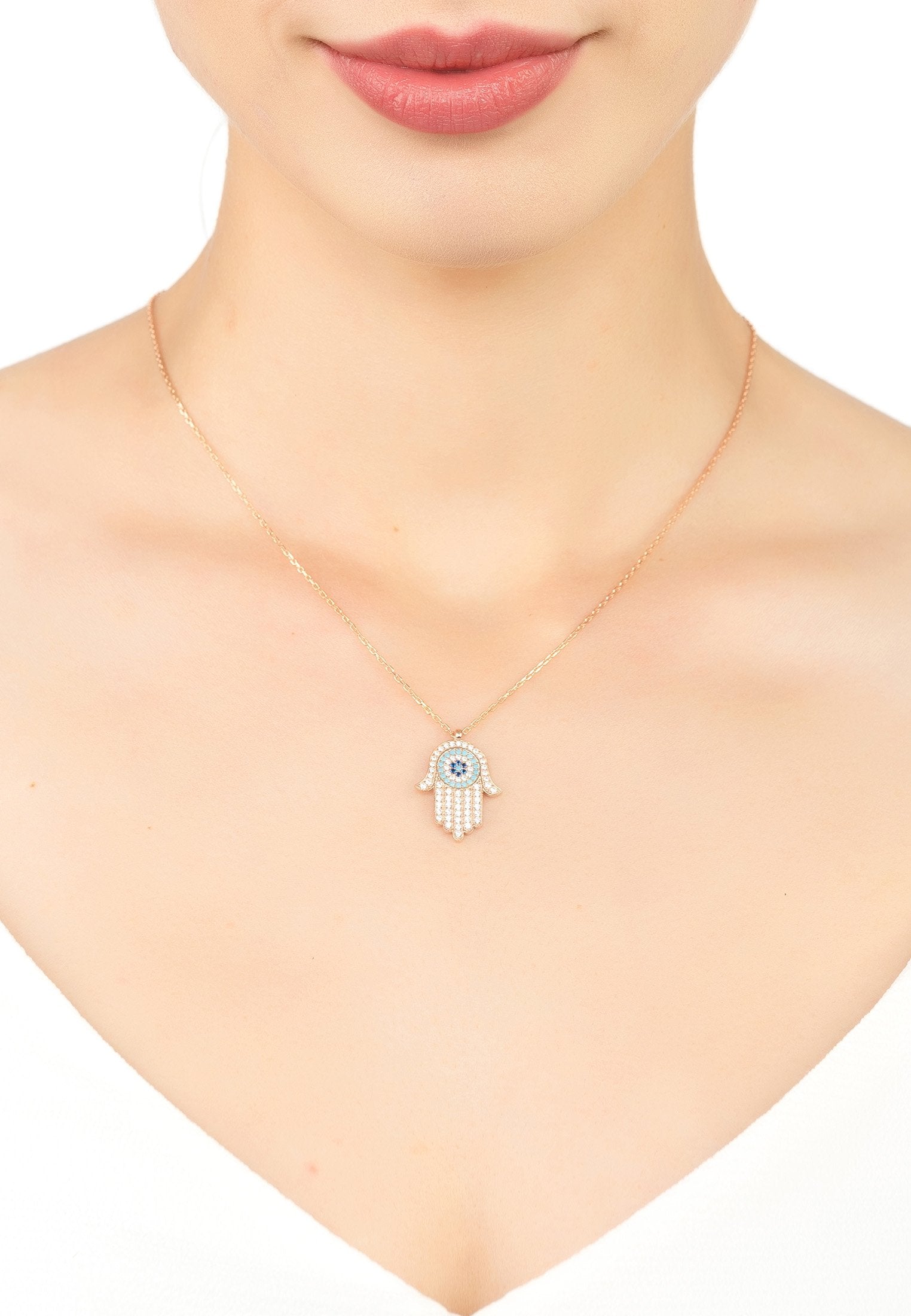 Hamsa Hand With Evil Eye Pendant Necklace Rosegold