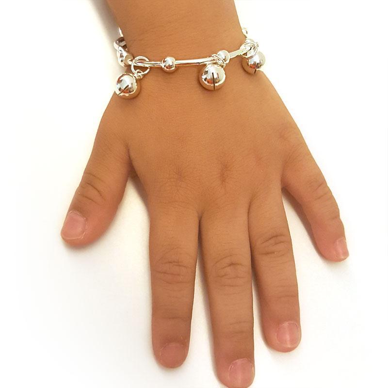 Solid 990 Silver Bells Bangle Bracelet Baby Kids Children Gift Adjustable Size MXFB8003