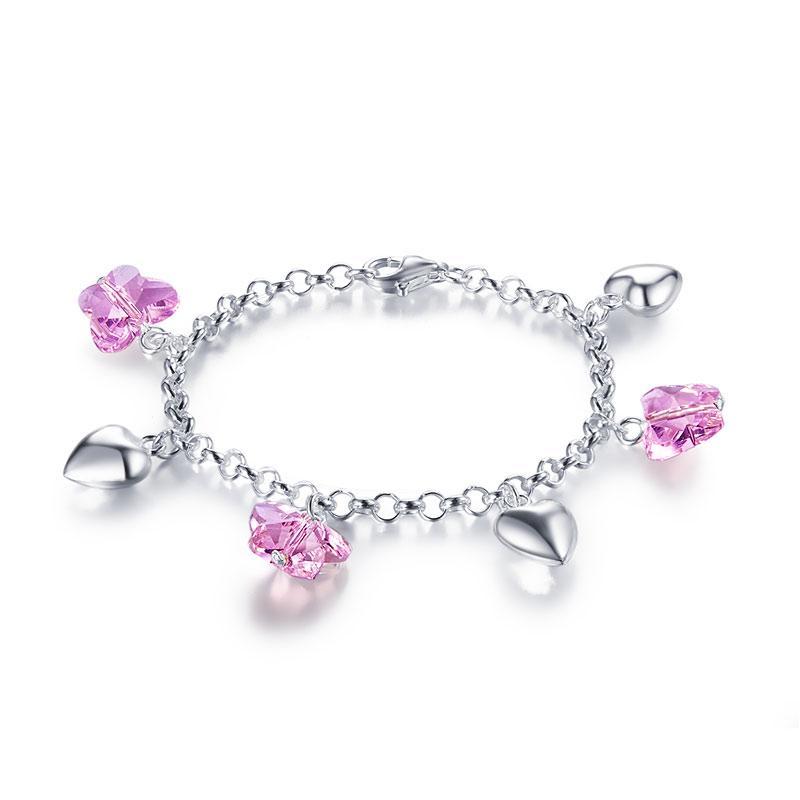 Solid 925 Sterling Silver Pink Butterfly Hearts Bracelet Baby Kids Girl Gift Children Jewelry MXFB8004