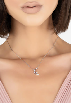 Sparkling Crescent Moon and Star Necklace Silver